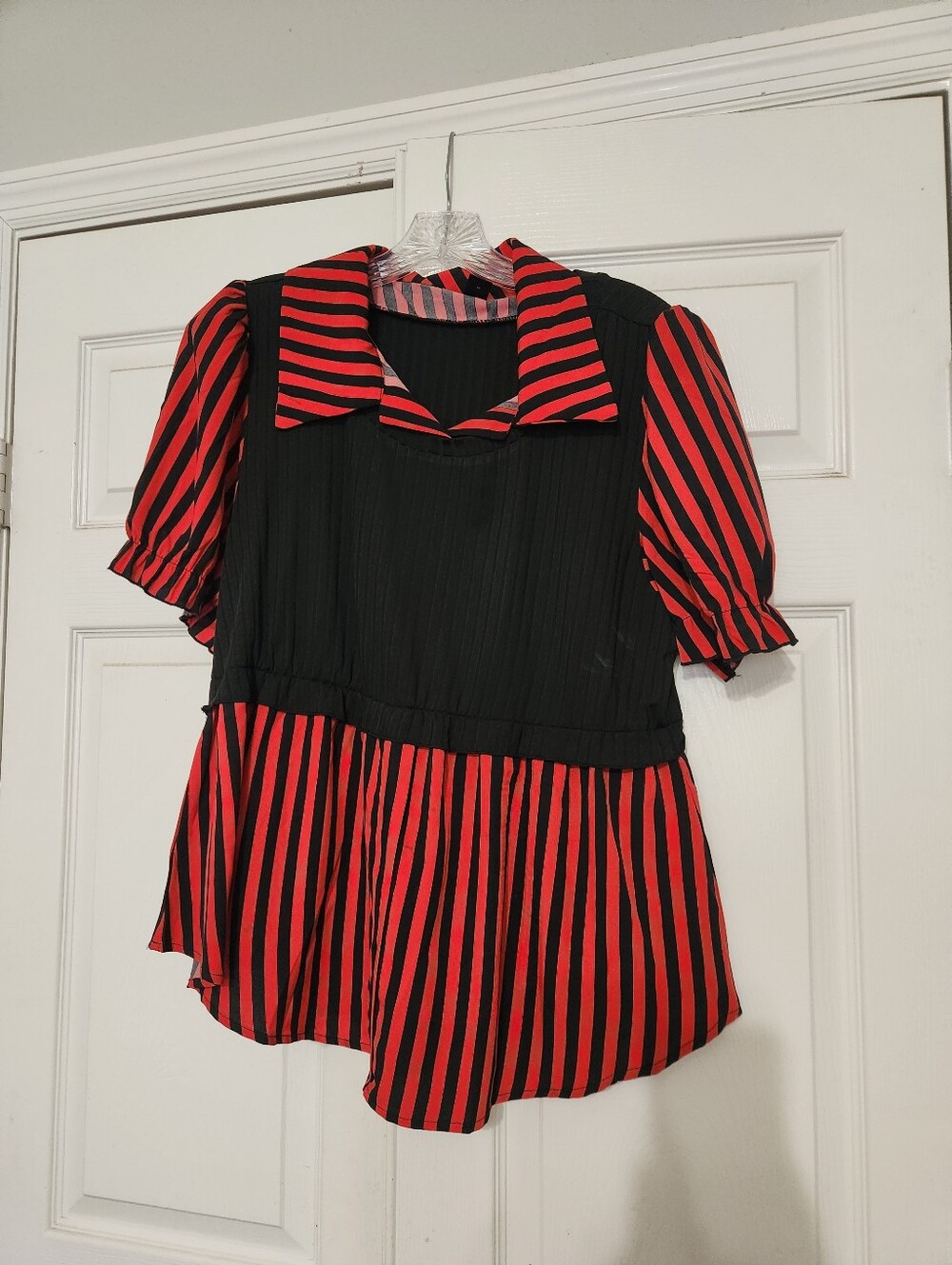 SHEIN Red and Black Striped Peplum Blouse